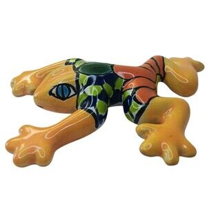 Mexican Talavera Frog Pottery Garden Hand Painted Folk Art Wall Climber Yellow